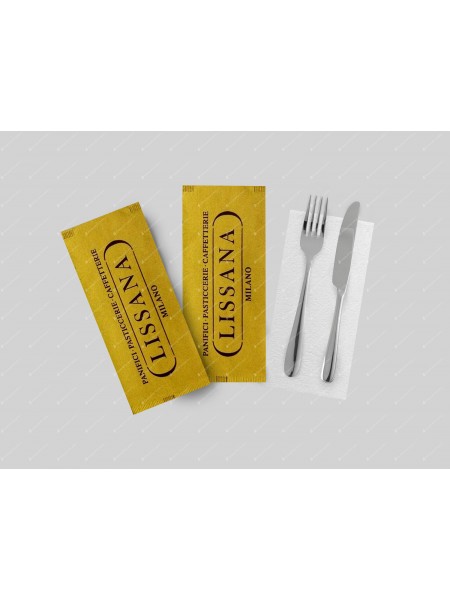 Busta portaposate rustica in carta paglia con tovagliolo, personalizzata con logo a 1 colore per osterie e ristoranti