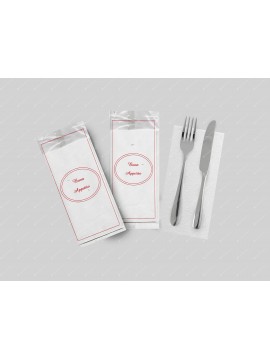 Busta trasparente portaposate con tovagliolo, personalizzabile con logo per ristoranti, bar e catering