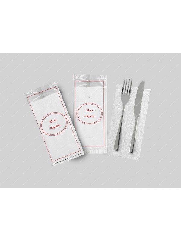 Busta trasparente portaposate con tovagliolo, personalizzabile con logo per ristoranti, bar e catering Busta trasparente portaposate con tovagliolo, personalizzabile con logo per ristoranti, bar e catering