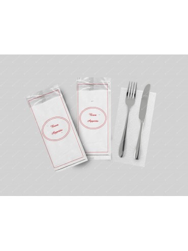 Busta trasparente portaposate con tovagliolo, personalizzabile con logo per ristoranti, bar e catering