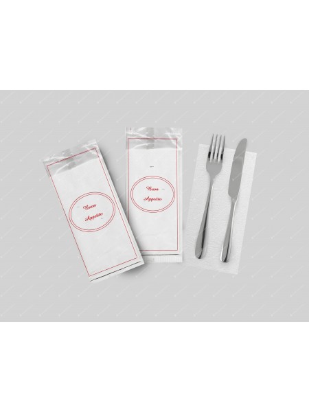 Busta trasparente portaposate con tovagliolo, personalizzabile con logo per ristoranti, bar e catering