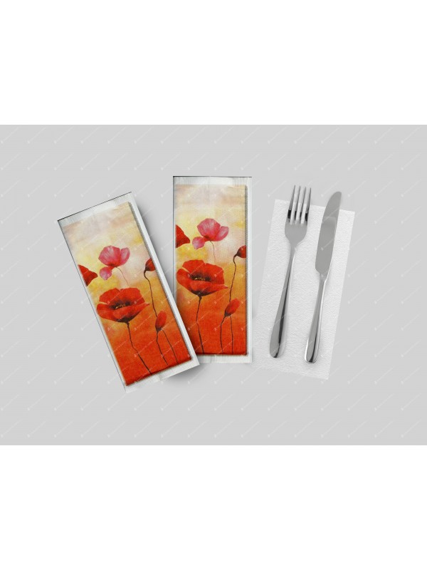 busta portaposate in carta kraft con tovagliolo 38×38 decoro Papaveri