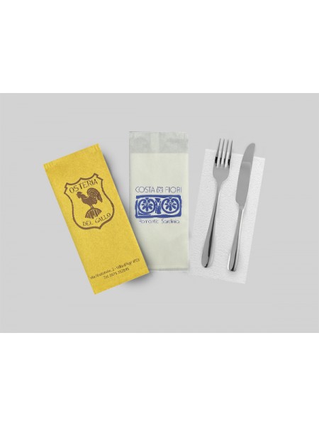 Portaposate carta kraft 11×25 cm con tovagliolo 38×38 cm bianco 2 veli, logo personalizzato 1 colore