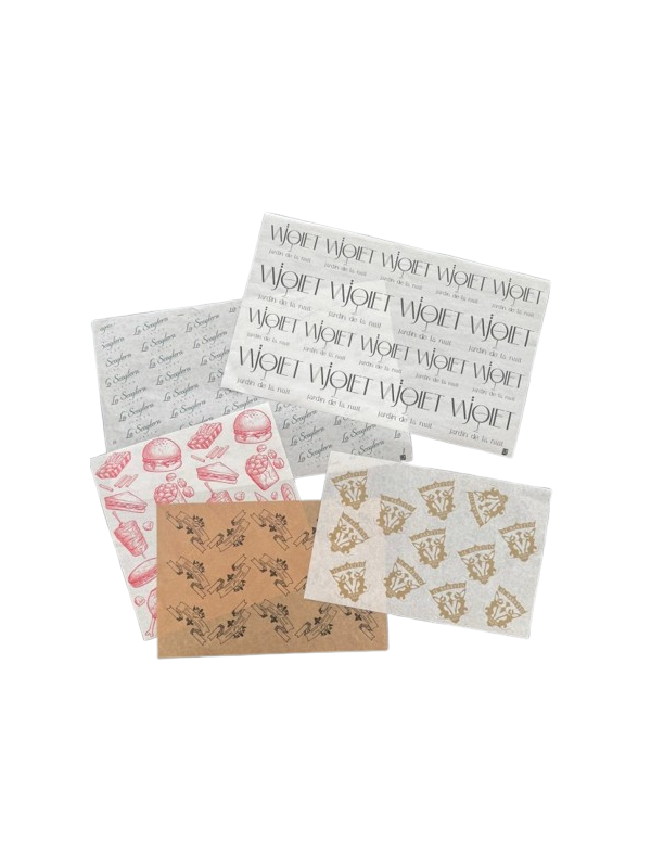 Fogli carta antigrasso personalizzati 20×20 cm, vista frontale con logo stampato Fogli carta antigrasso personalizzati 20×20 cm, vista frontale con logo stampato