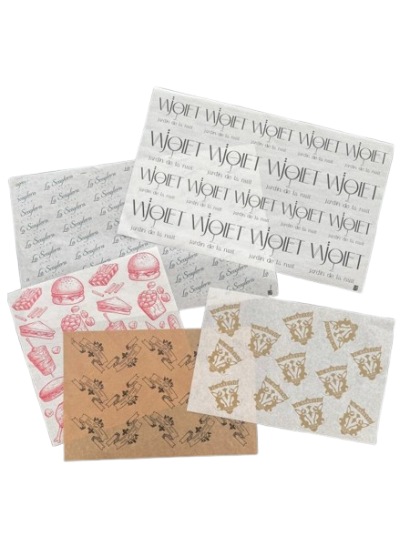 Fogli carta antigrasso personalizzati 20×20 cm, vista frontale con logo stampato